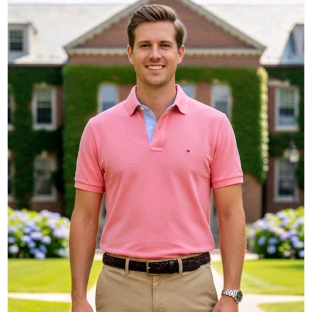 Tommy Hilfiger Polo Shirt Mens Small Pink Short Sleeve Pique Preppy Classic Work - Picture 1 of 10